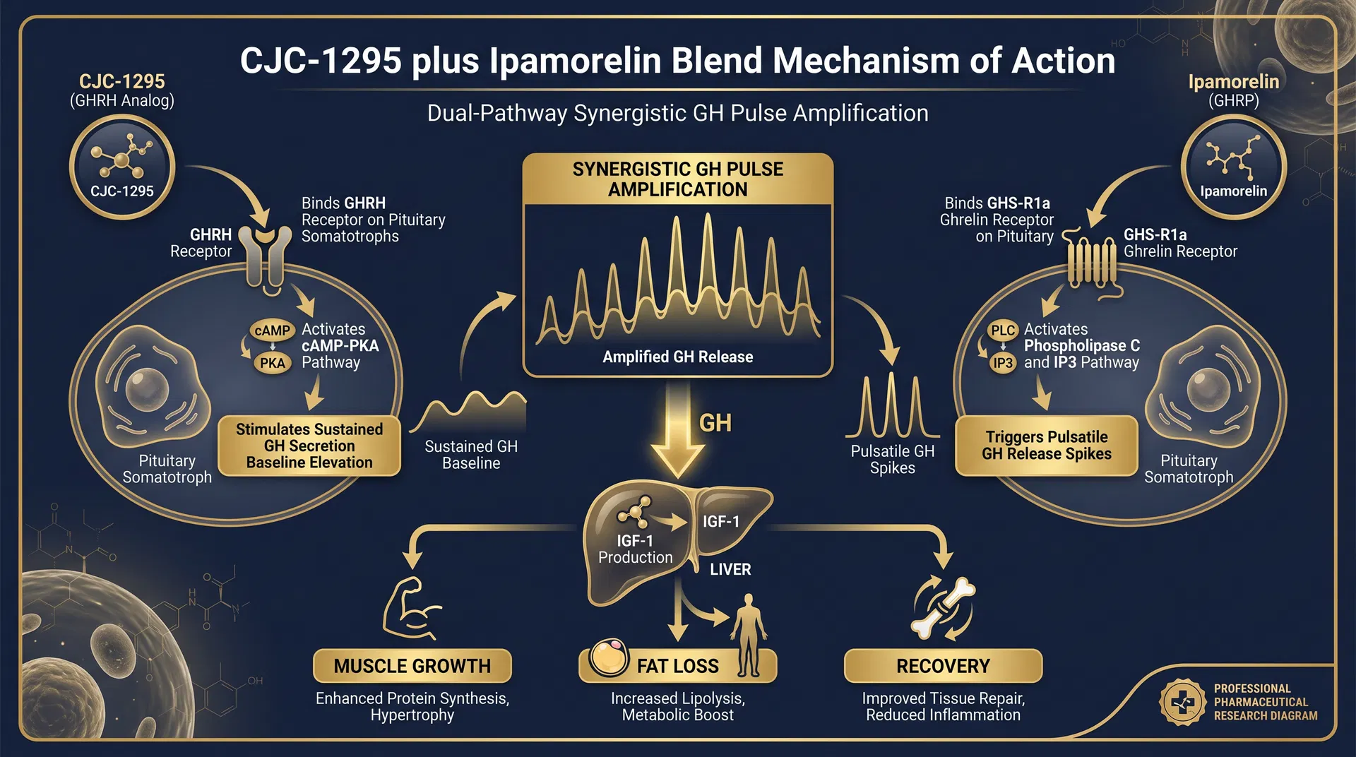 CJC-1295 / Ipamorelin Blend mechanism of action diagram — step-by-step signaling pathway infographic