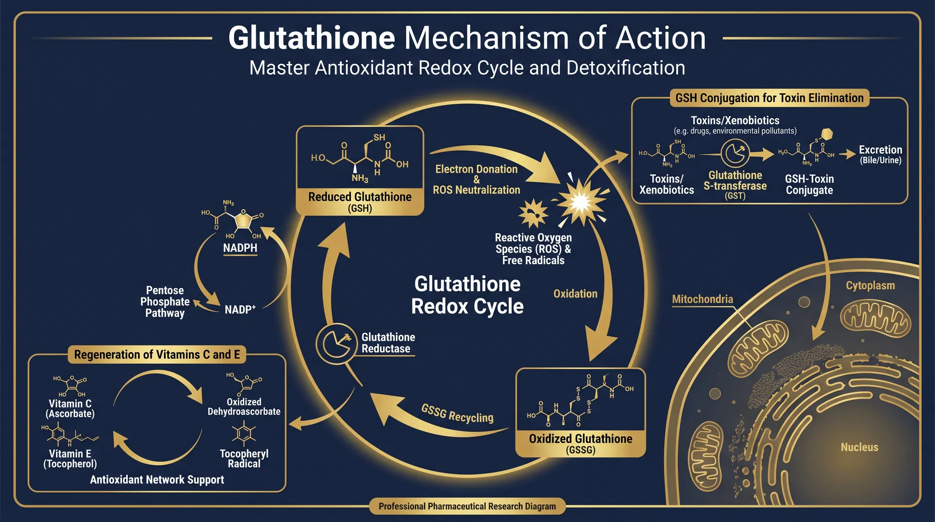 Glutathione mechanism of action diagram — step-by-step signaling pathway infographic