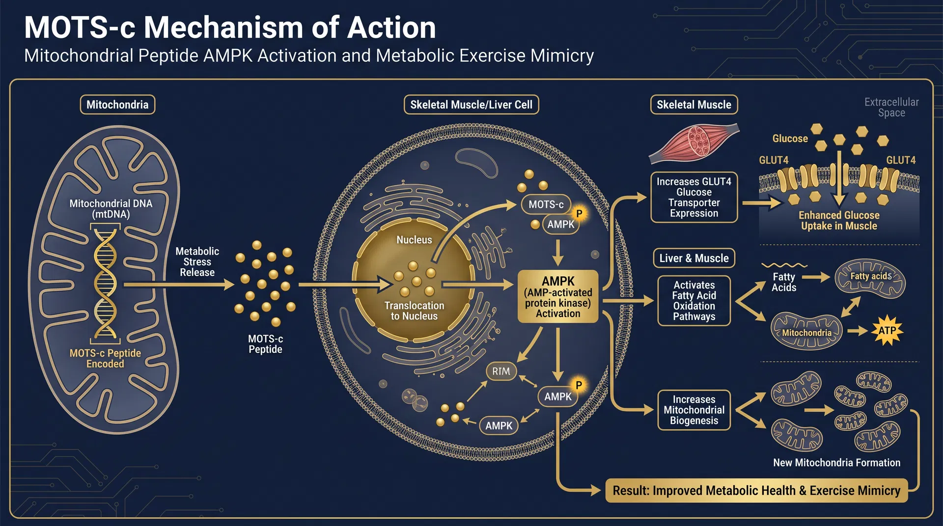 MOTS-c mechanism of action diagram — step-by-step signaling pathway infographic