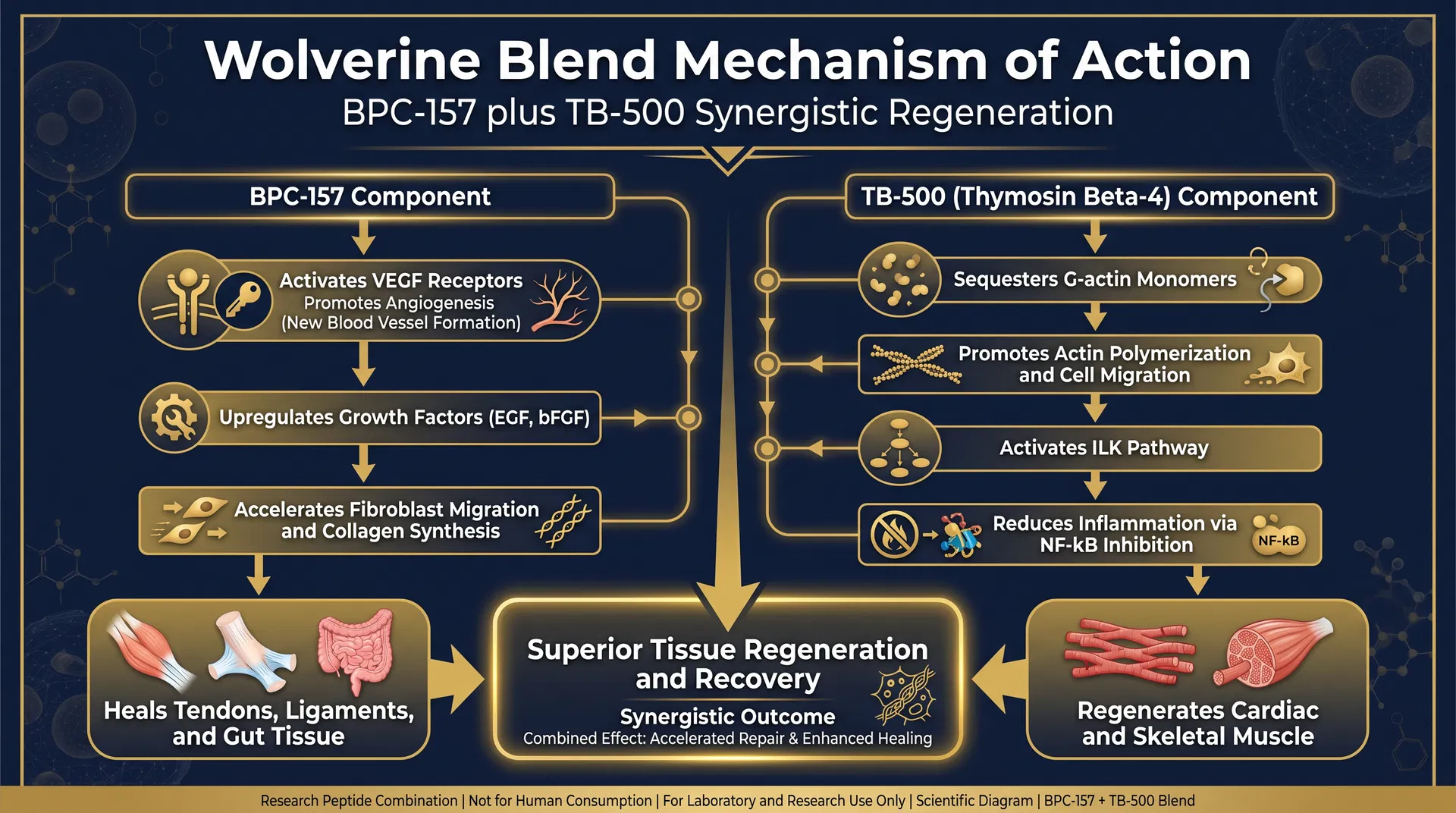 Wolverine Blend mechanism of action diagram — step-by-step signaling pathway infographic