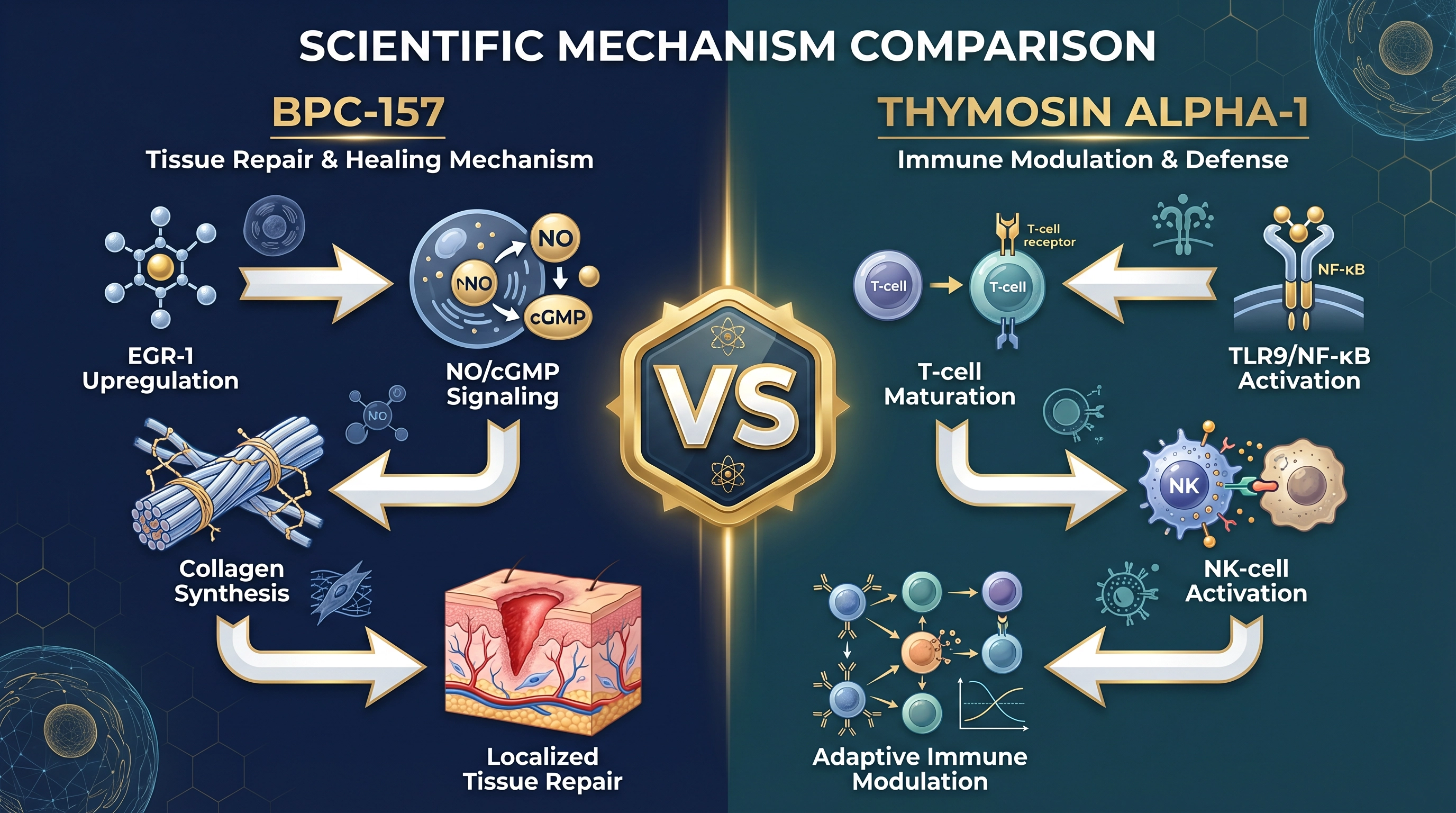 BPC-157 vs Thymosin Alpha-1 mechanism comparison showing EGR-1 repair pathway vs TLR9/NF-κB adaptive immune modulation