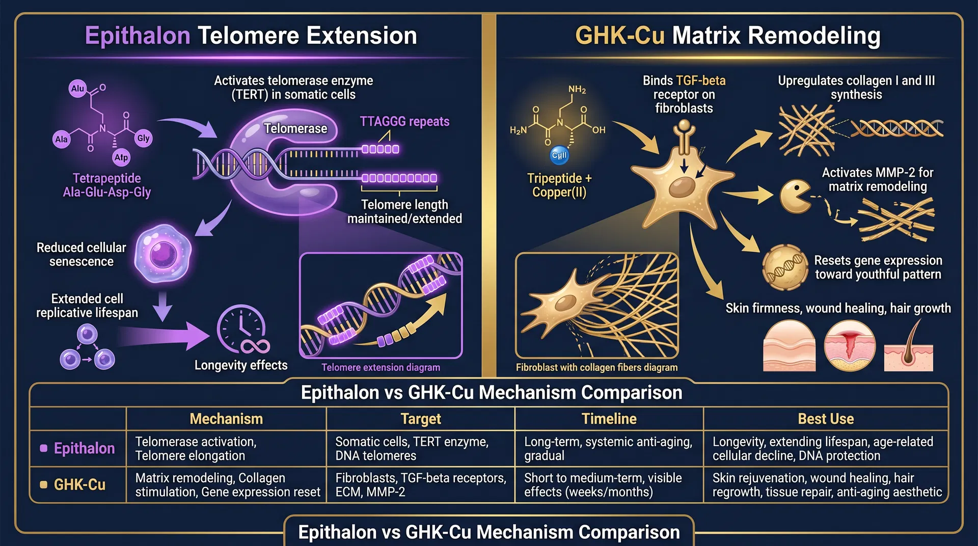 Epithalon vs GHK-Cu mechanism comparison diagram showing telomere extension via TERT activation vs collagen synthesis via TGF-beta and MMP-2 pathways