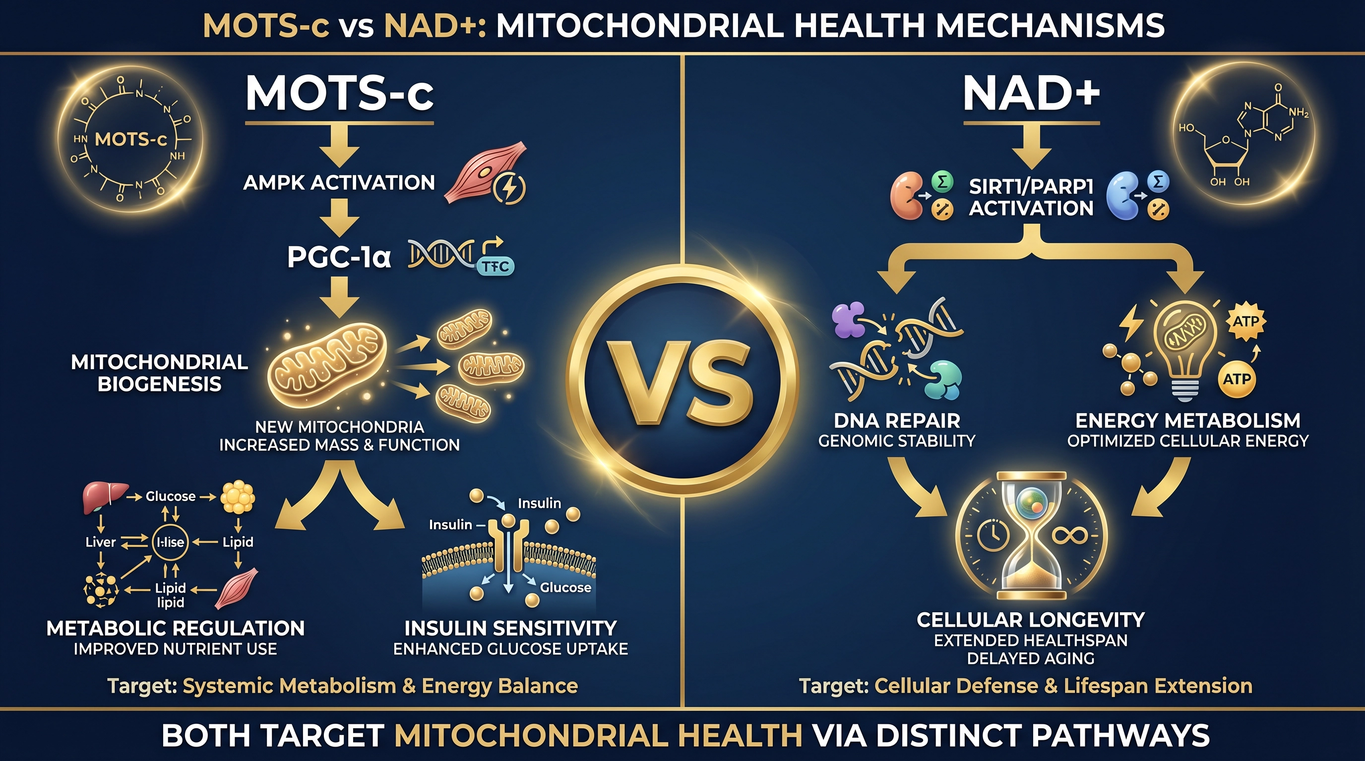 MOTS-c vs NAD+ mechanism comparison diagram