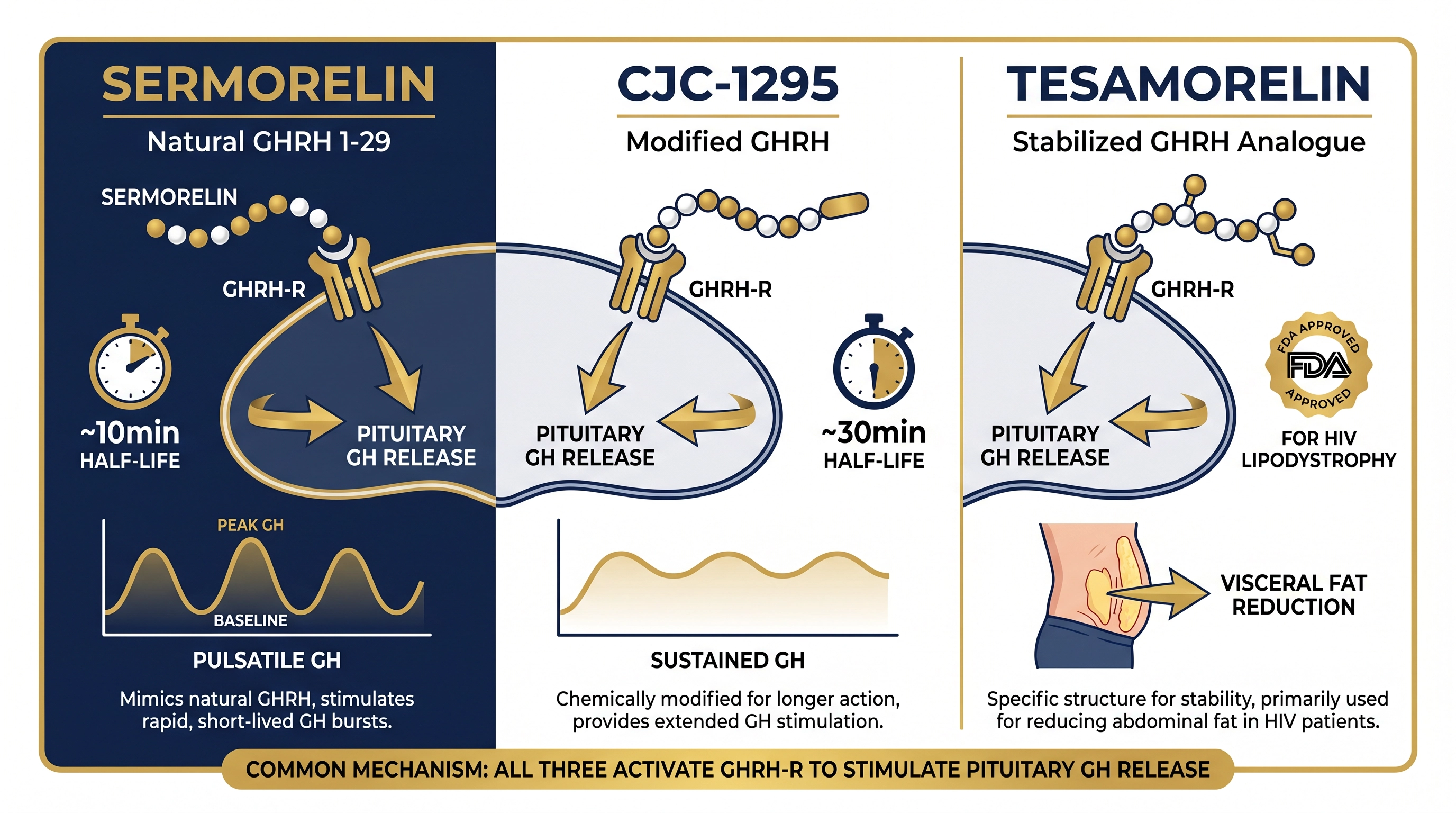 Sermorelin vs CJC-1295 vs Tesamorelin three-way GHRH analogue comparison