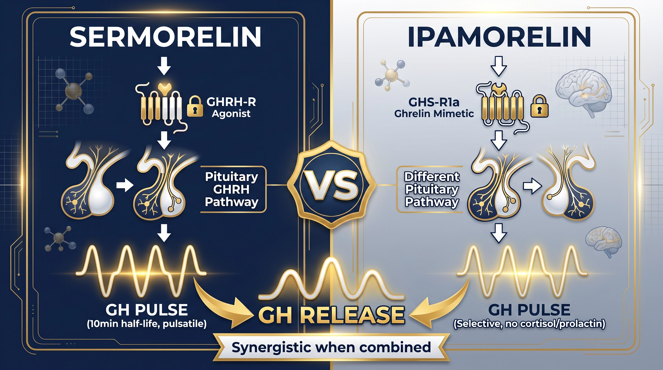 Sermorelin vs Ipamorelin mechanism comparison showing GHRH-R agonist vs GHS-R1a ghrelin mimetic pathways to pituitary GH release